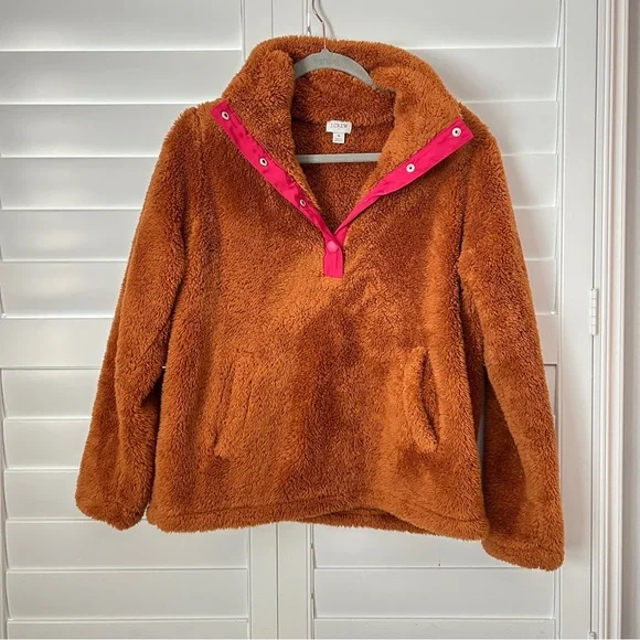J Crew Fuzzy Teddy Quarter Zip Pullover Fleece Jacket Brown Pink Size Small - Picture 3 of 7